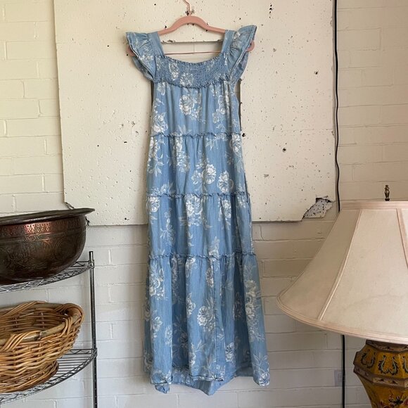 Old Navy | Blue Floral Flutter-Sleeve Floral Tiered Smocked Midi Swing Dress XS - Picture 6 of 8